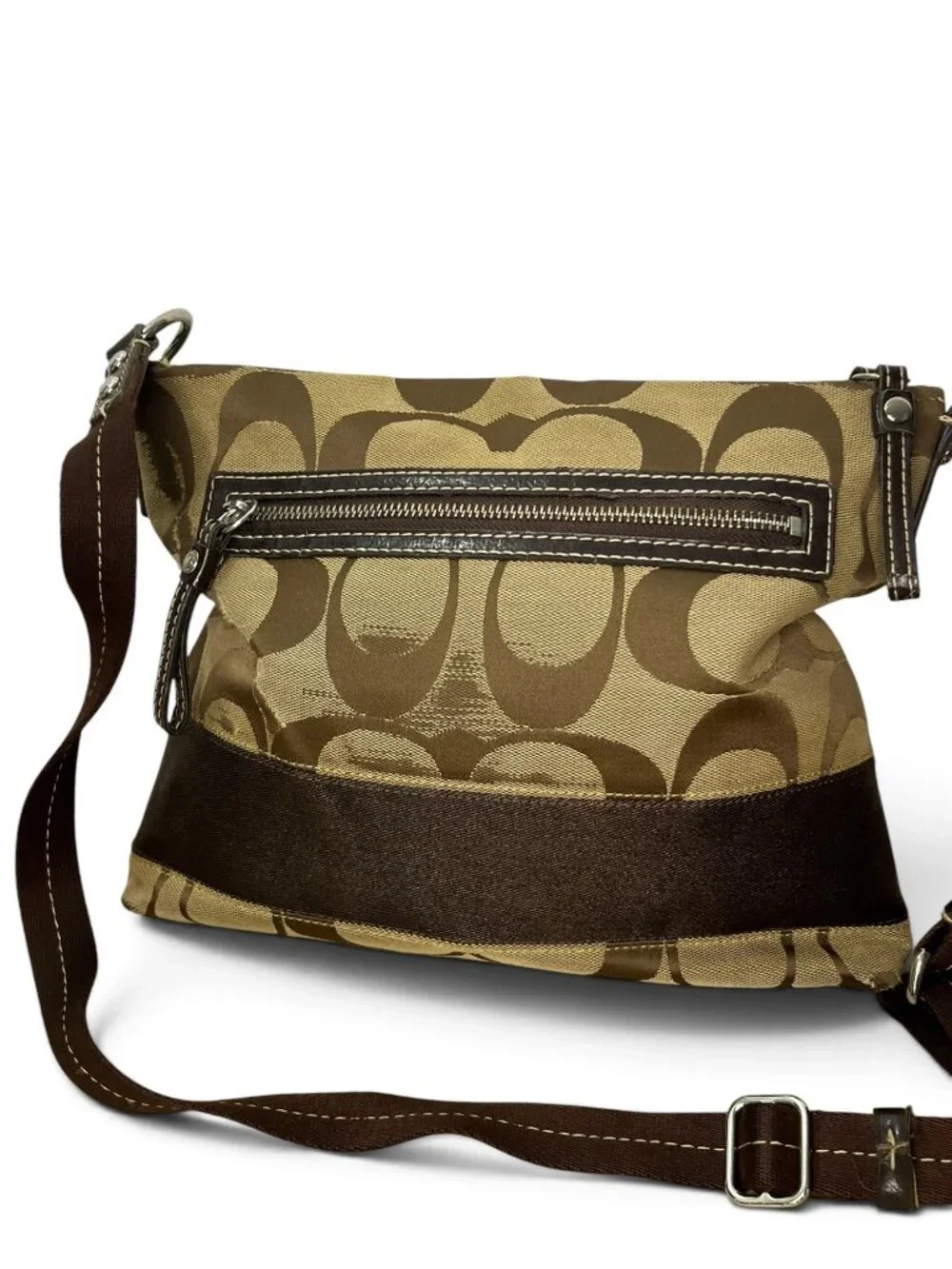 Coach Signature Khaki & Brown Crossbody Bag With Adjustable Strap & Zip Closure